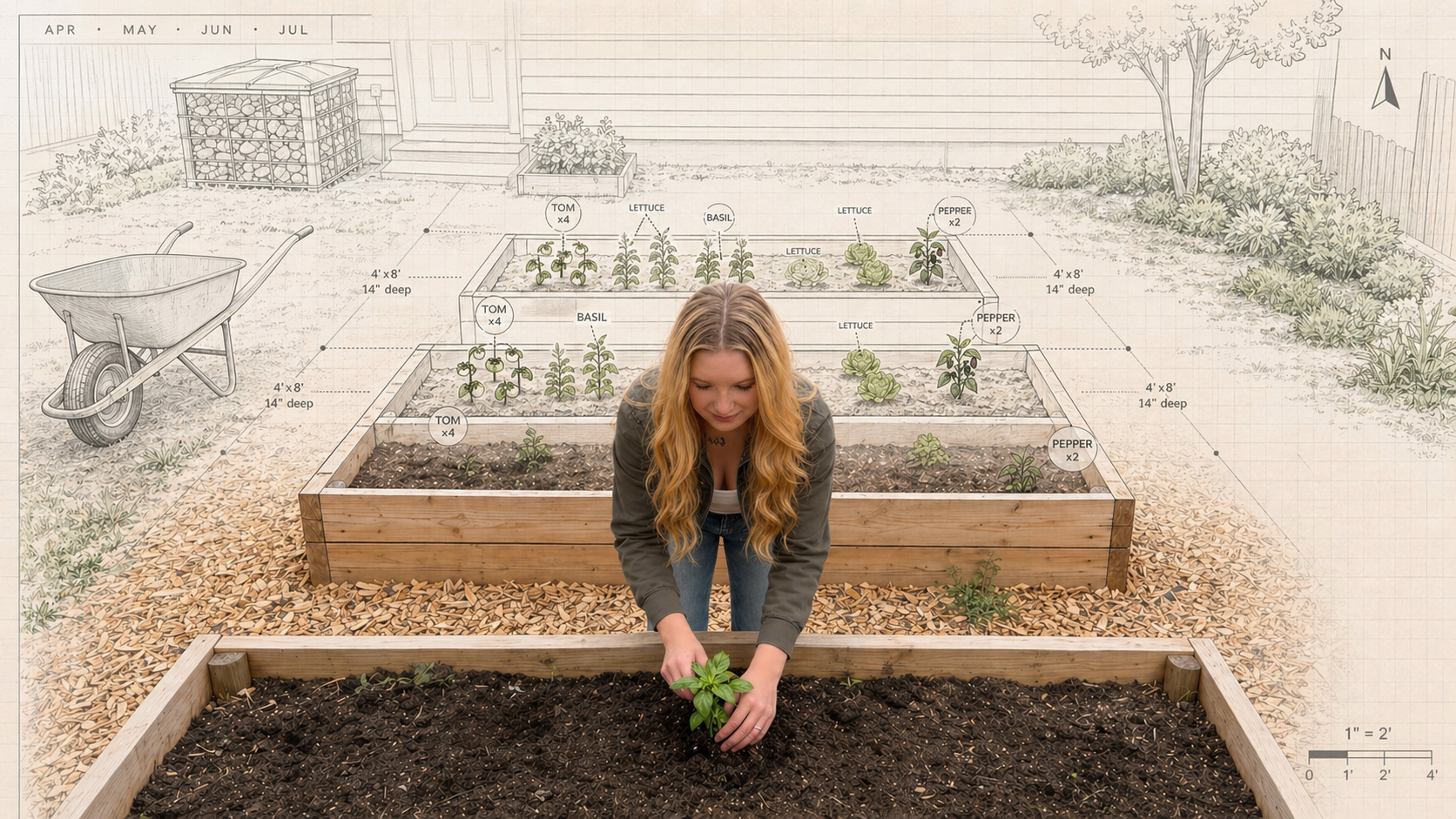 Pittsburgh vegetable garden design and build by GardenSoon — a homeowner planting in a 4×8 cedar raised bed in Pittsburgh, with the scaled garden layout drawn in around her: tomato, basil, and pepper placements, 14-inch bed depth, and an April-through-July planting calendar.